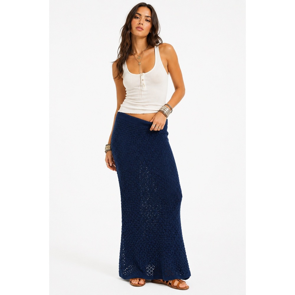 Olive + Oak Womens Navy Blue Crochet Knit Maxi Column‎ Skirt Small